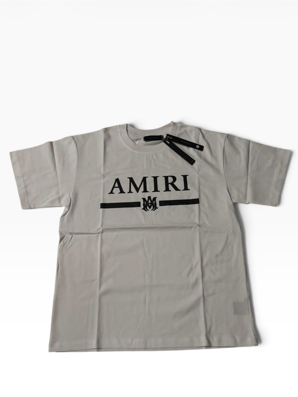 AMIRI Short Sleeve Logo Tee in Light Gray with Black Print